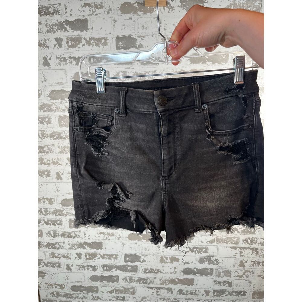 American Eagle | women black denim distressed shorts curvy highrise